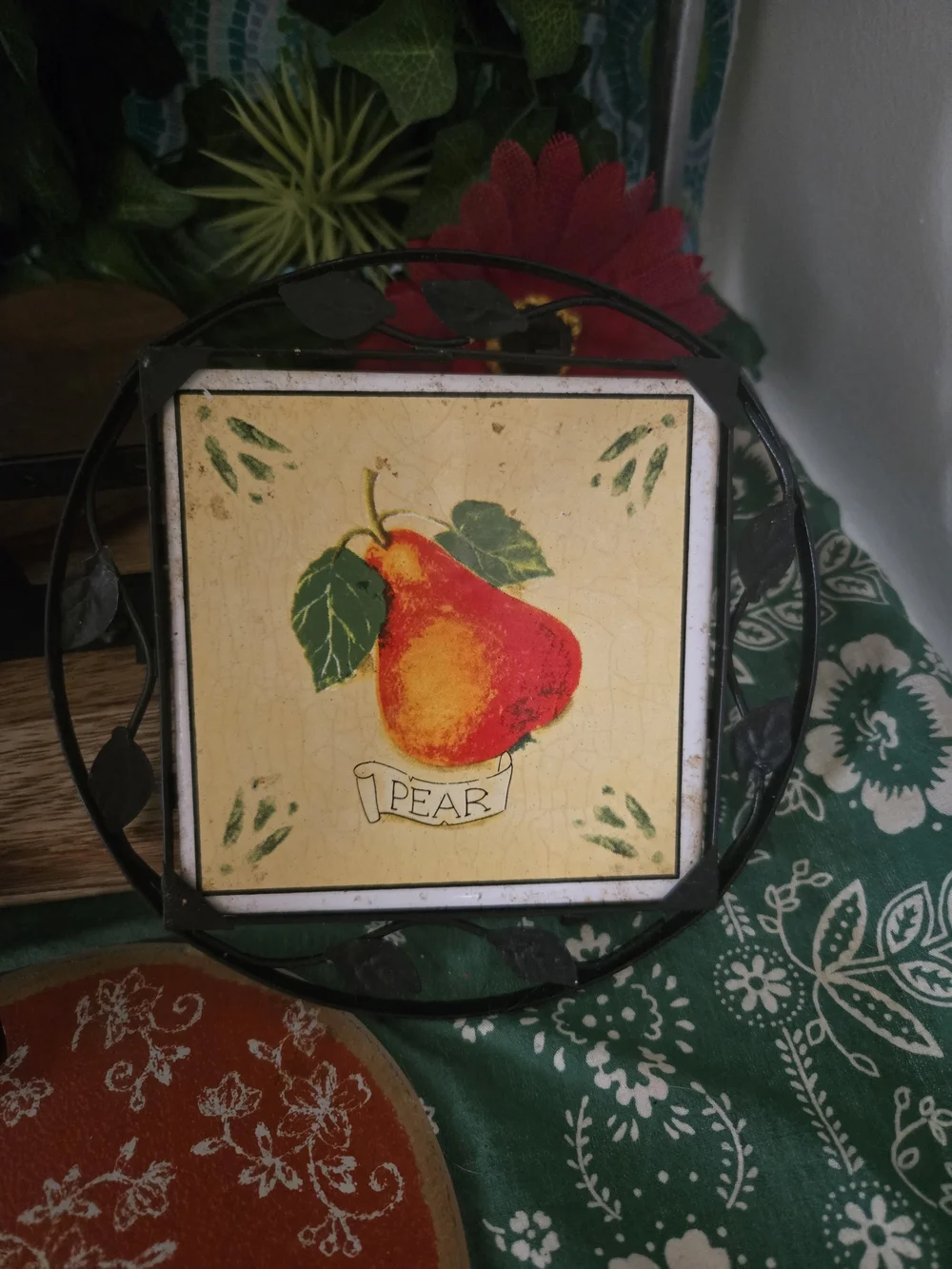Farmers Market Rustic Fruit Ceramic Tile Wall Decor Red/Orange Pear & Apple